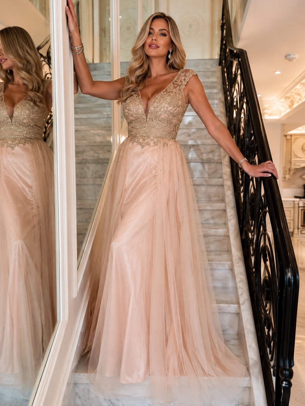 Elegant Gold Lace & Tulle Evening Gown - V-Neck Women’s Dress